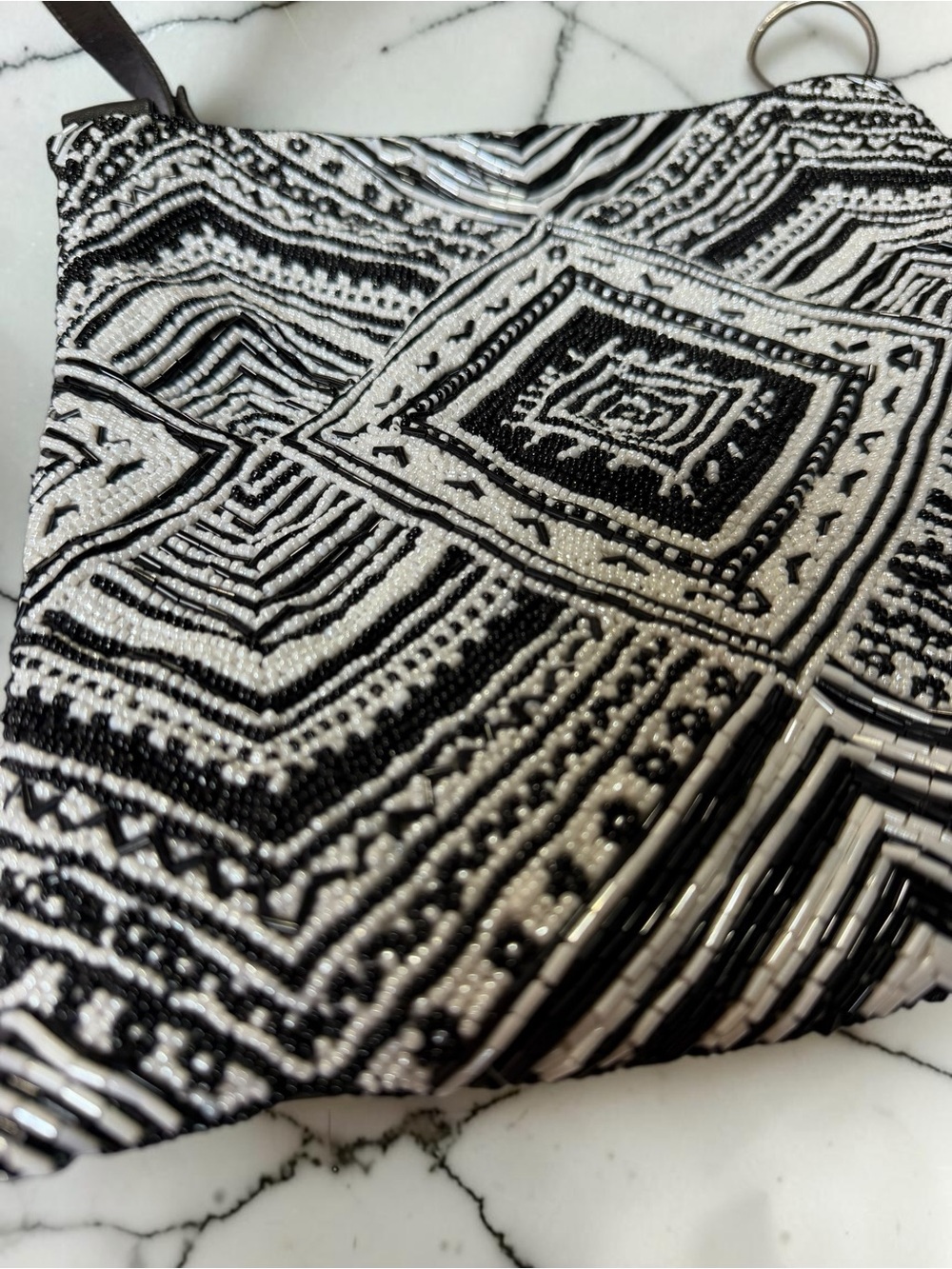 Christina Hand Beaded Crossbody Bag Black White Geometric Boho Zip Top Purse - Picture 4 of 8